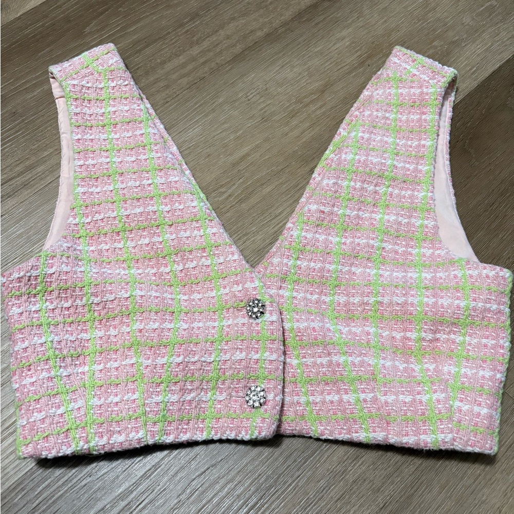 Zara Pink and Green Tweed Vest